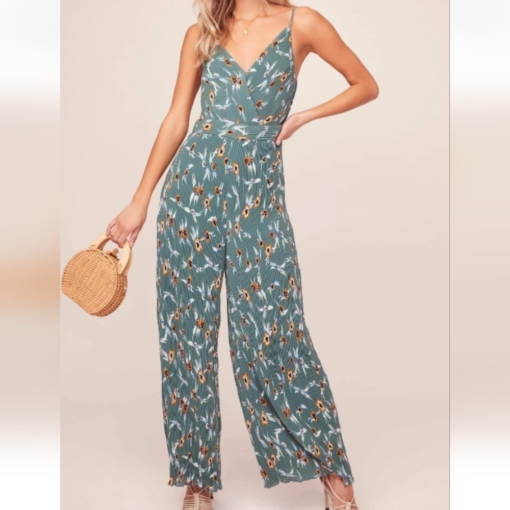 ASTR the Label Plisse V Neck Wide Leg Jumpsuit Teal Floral